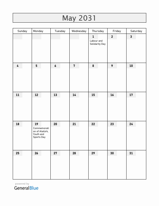 Turkey May 2031 Calendar with Holidays