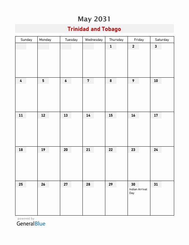 Trinidad and Tobago May 2031 Calendar with Holidays
