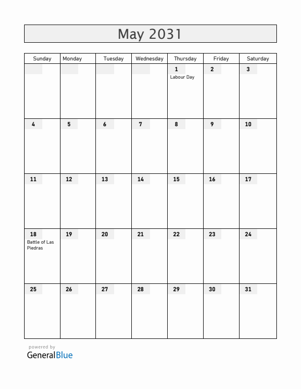 Uruguay May 2031 Calendar with Holidays