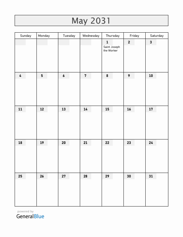 Vatican May 2031 Calendar with Holidays