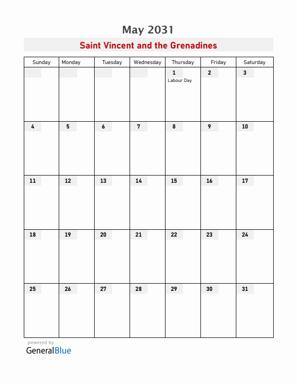 Saint Vincent and the Grenadines May 2031 Calendar with Holidays