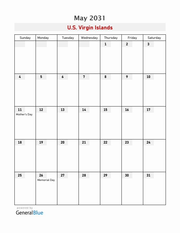 U.S. Virgin Islands May 2031 Calendar with Holidays