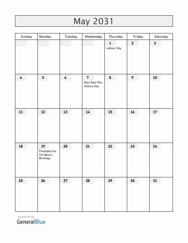 Vietnam May 2031 Calendar with Holidays