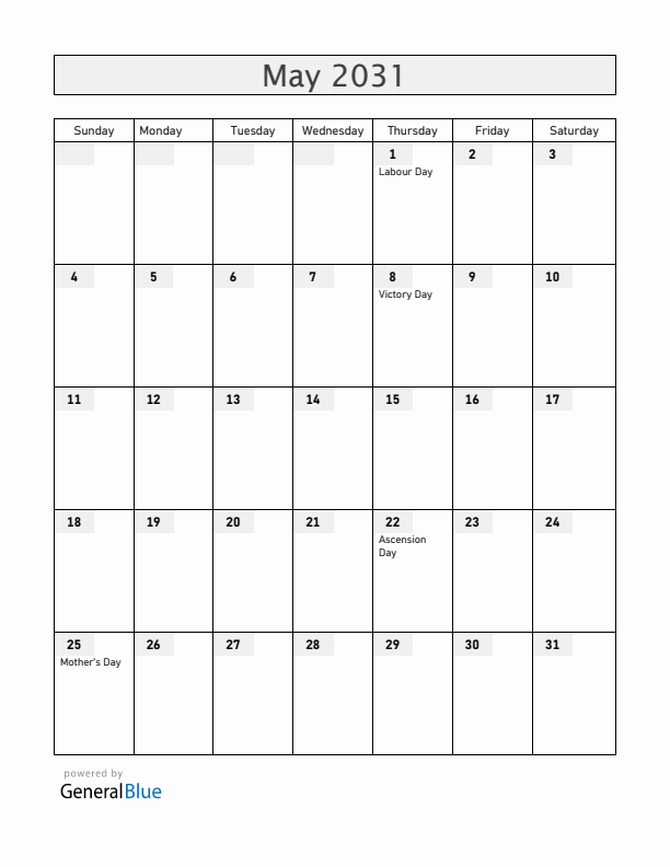 Mayotte May 2031 Calendar with Holidays