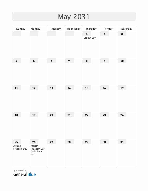 Zambia May 2031 Calendar with Holidays