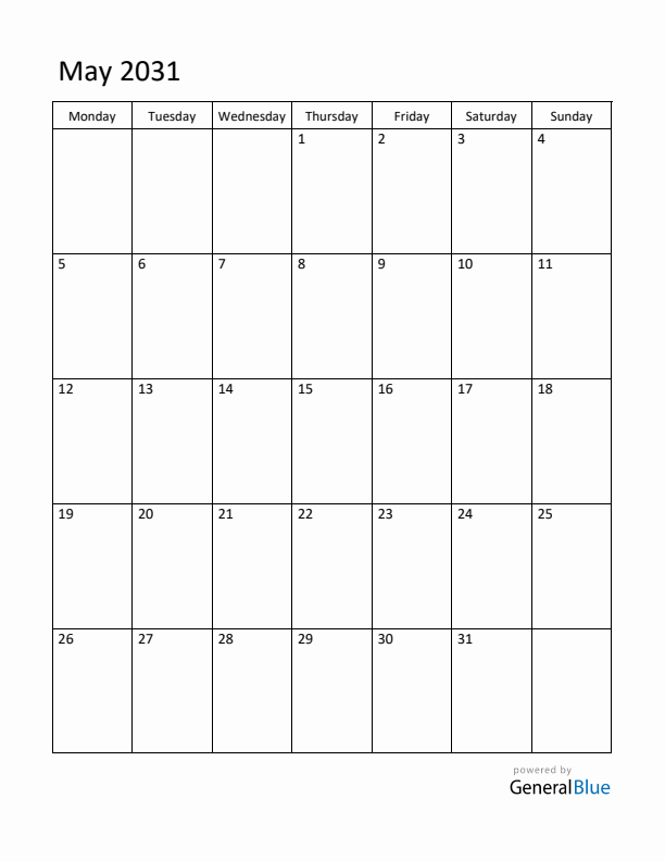 Monday Start Calendar for May 2031