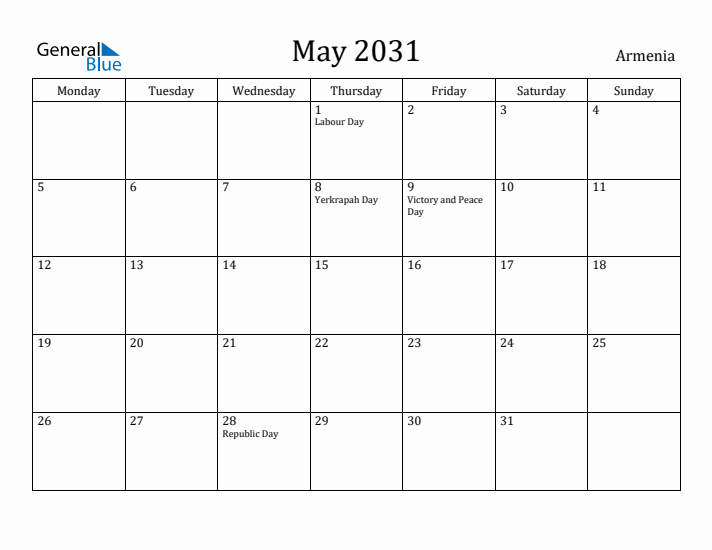 May 2031 Calendar Armenia