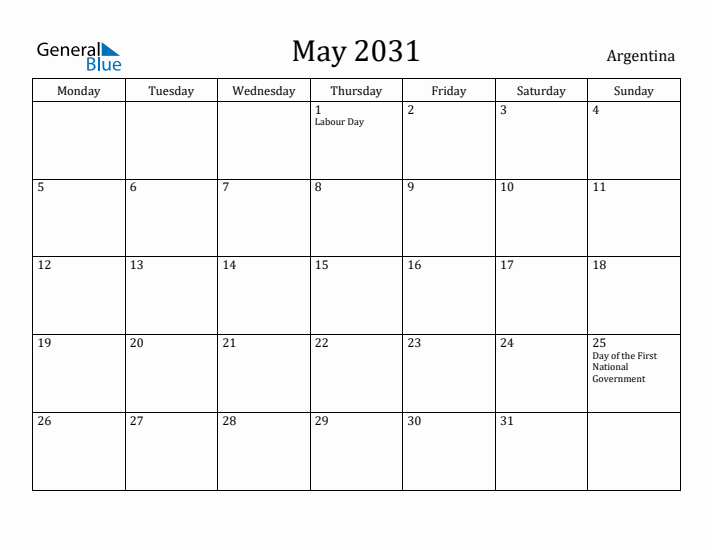 May 2031 Calendar Argentina