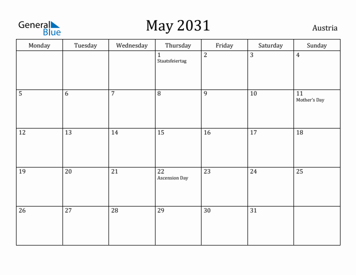May 2031 Calendar Austria