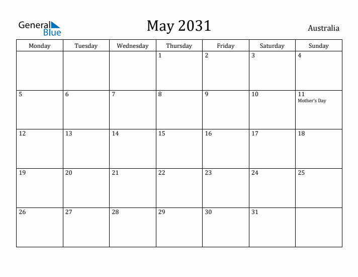 May 2031 Calendar Australia