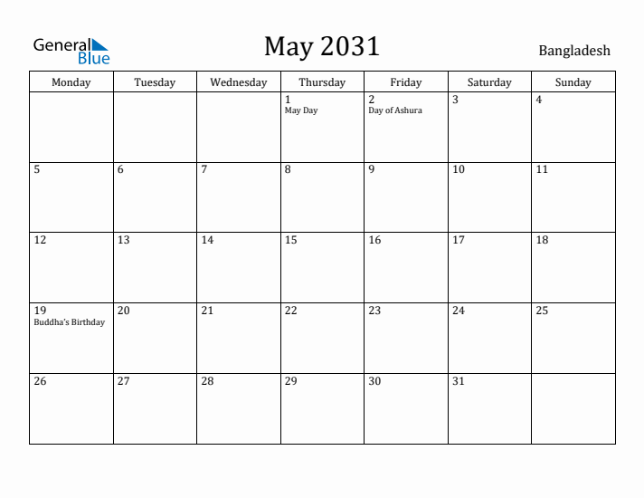 May 2031 Calendar Bangladesh