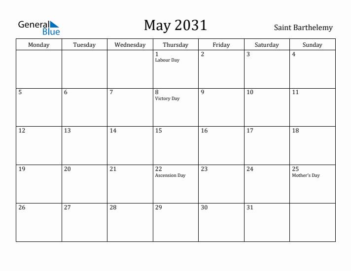 May 2031 Calendar Saint Barthelemy