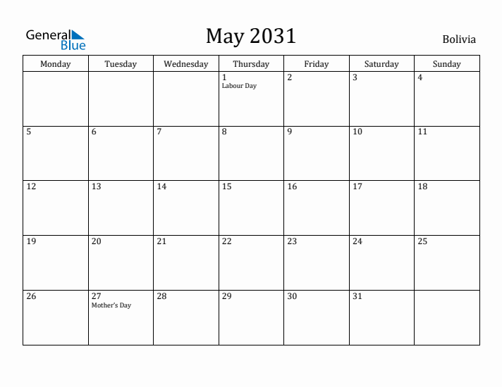 May 2031 Calendar Bolivia