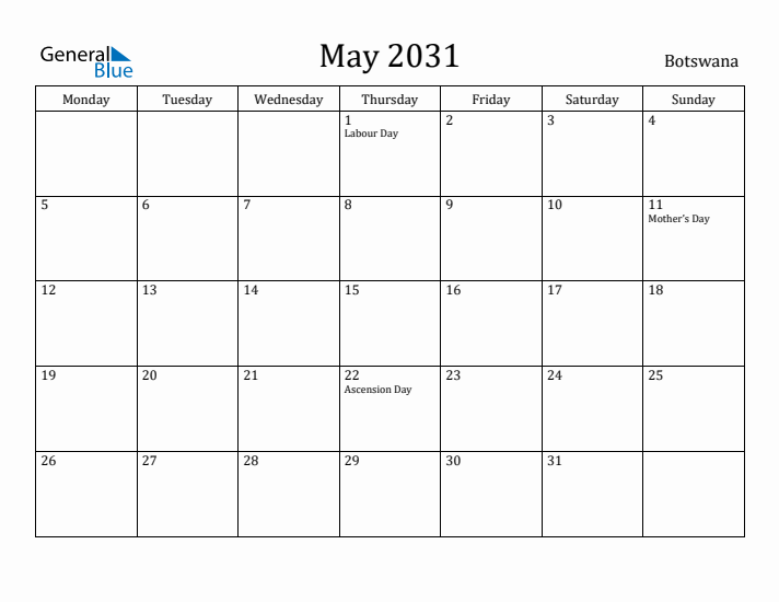 May 2031 Calendar Botswana