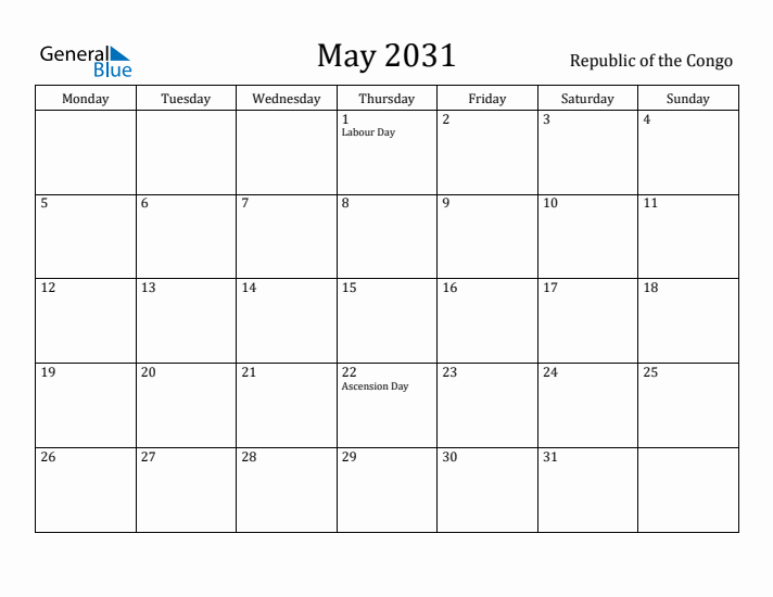 May 2031 Calendar Republic of the Congo