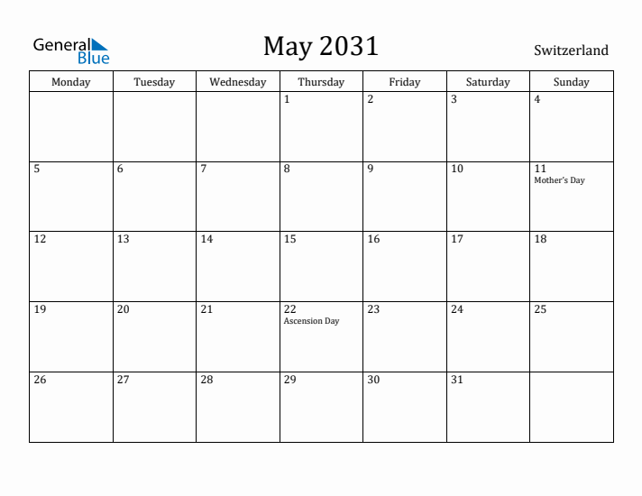 May 2031 Calendar Switzerland