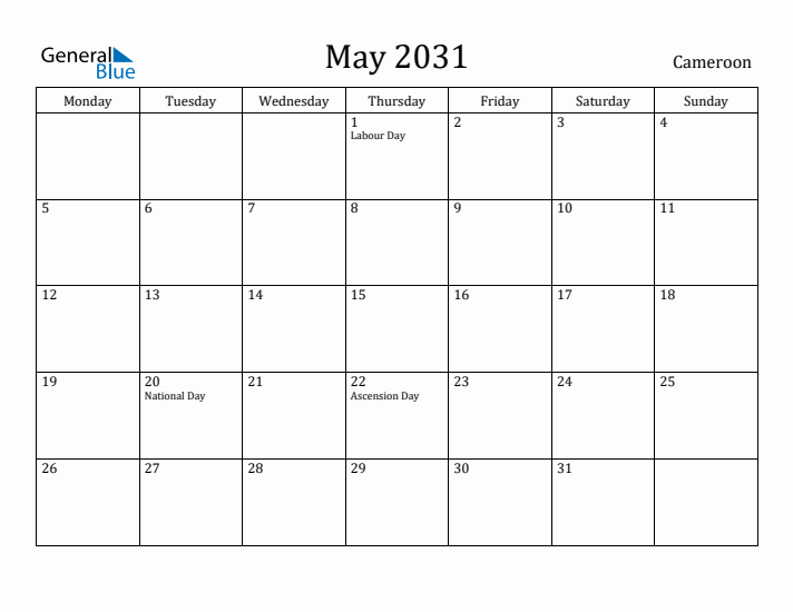 May 2031 Calendar Cameroon
