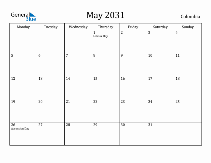 May 2031 Calendar Colombia