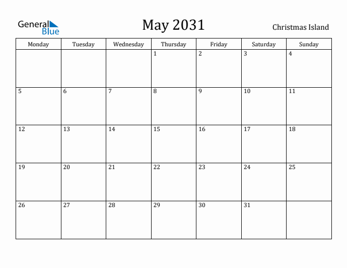 May 2031 Calendar Christmas Island