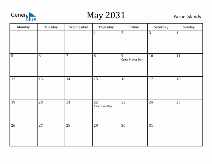 May 2031 Calendar Faroe Islands