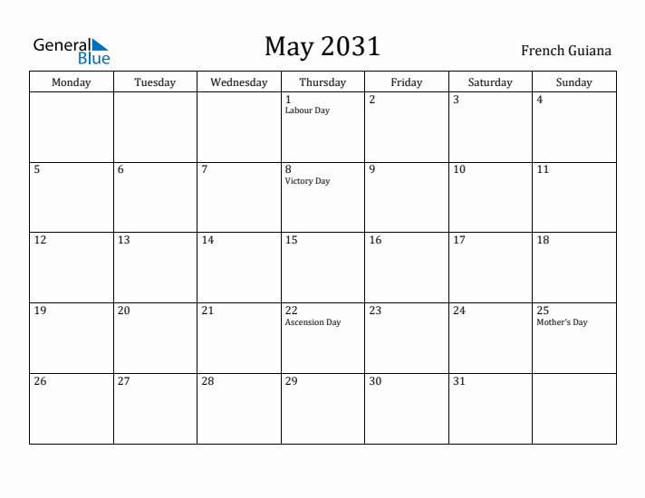 May 2031 Calendar French Guiana