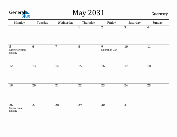 May 2031 Calendar Guernsey