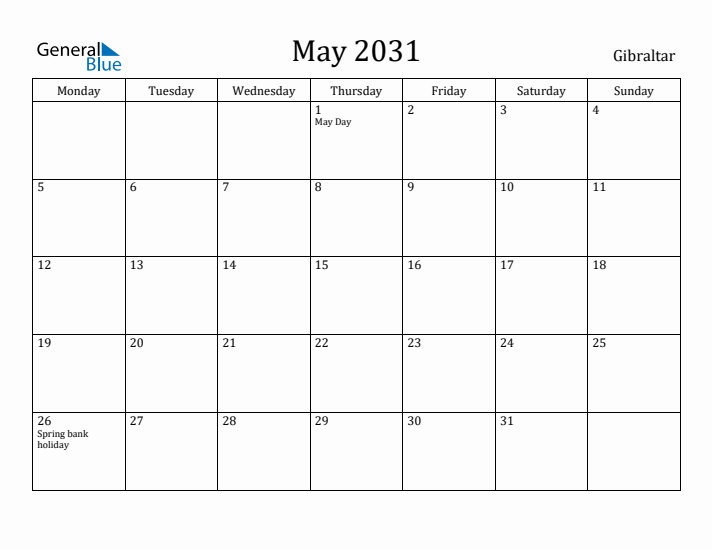 May 2031 Calendar Gibraltar