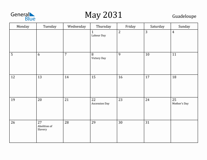 May 2031 Calendar Guadeloupe