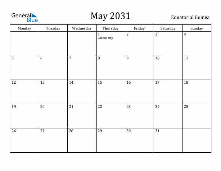 May 2031 Calendar Equatorial Guinea