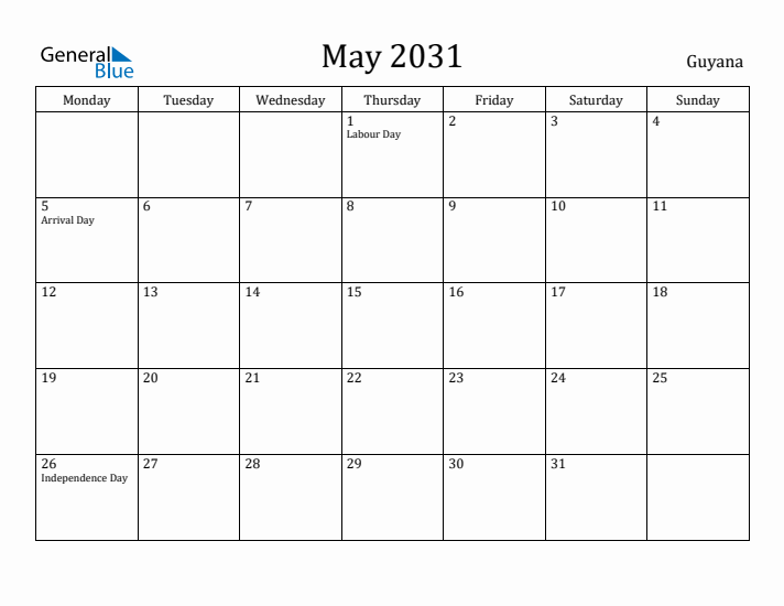 May 2031 Calendar Guyana