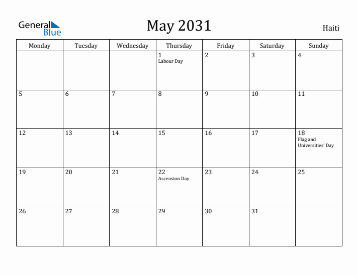 May 2031 Calendar Haiti