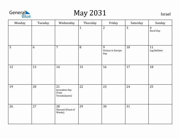 May 2031 Calendar Israel