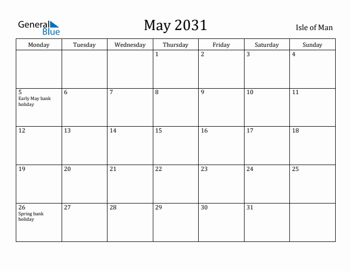 May 2031 Calendar Isle of Man
