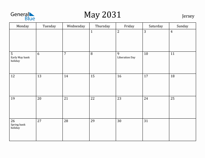 May 2031 Calendar Jersey