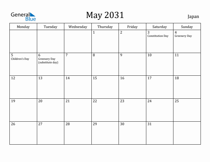 May 2031 Calendar Japan
