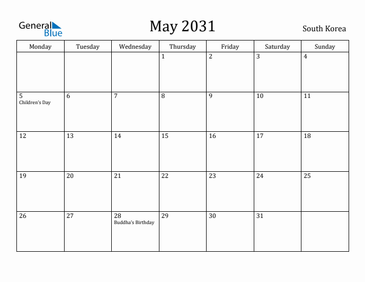 May 2031 Calendar South Korea