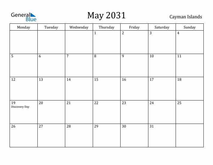 May 2031 Calendar Cayman Islands