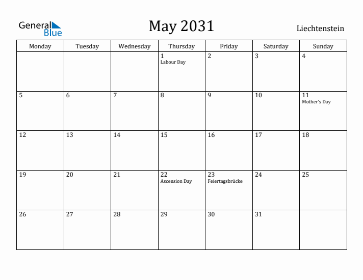 May 2031 Calendar Liechtenstein