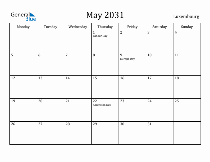 May 2031 Calendar Luxembourg