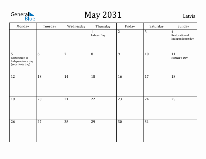 May 2031 Calendar Latvia