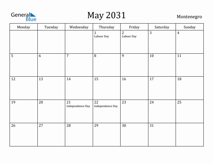 May 2031 Calendar Montenegro