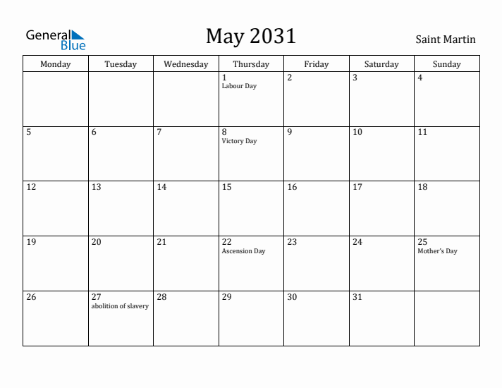 May 2031 Calendar Saint Martin