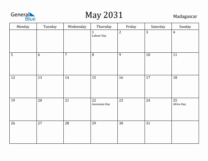 May 2031 Calendar Madagascar