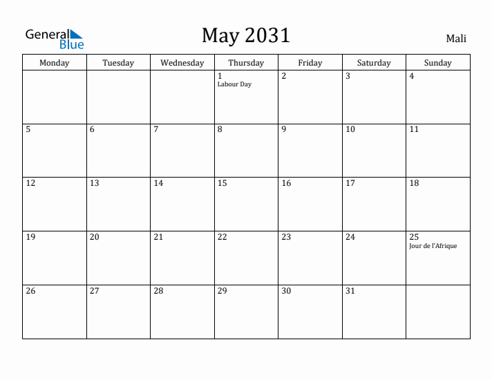 May 2031 Calendar Mali
