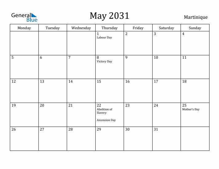 May 2031 Calendar Martinique