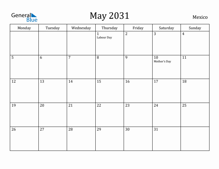 May 2031 Calendar Mexico