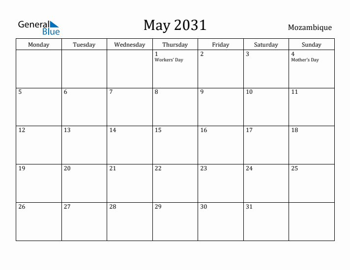 May 2031 Calendar Mozambique