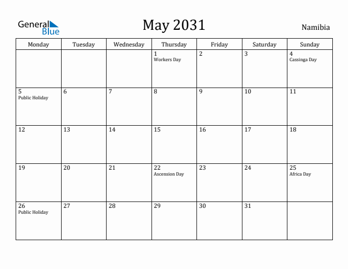May 2031 Calendar Namibia