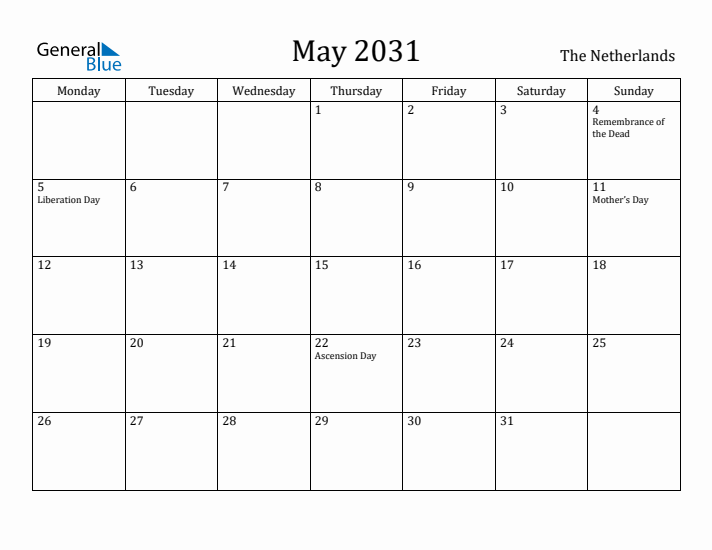 May 2031 Calendar The Netherlands
