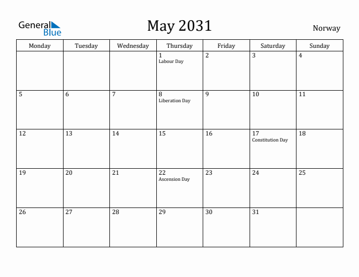 May 2031 Calendar Norway